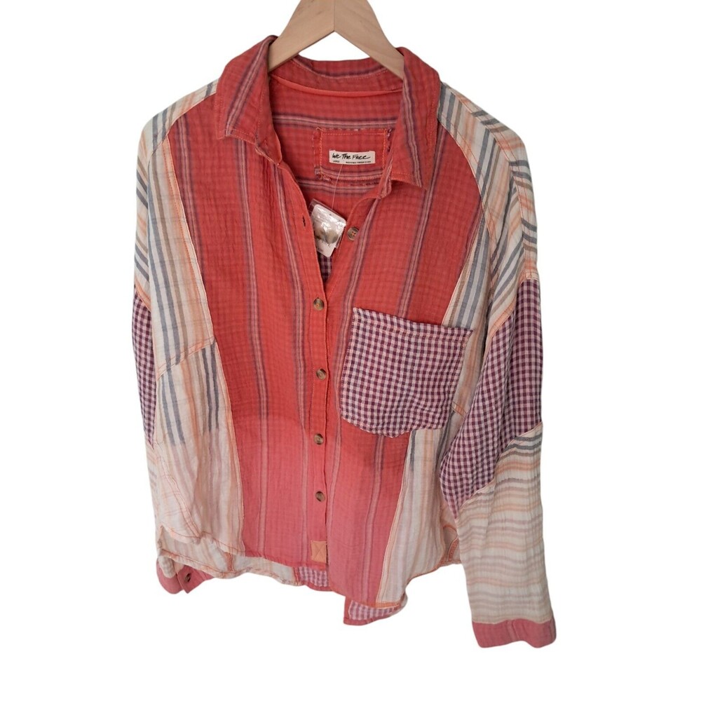 NWT We The Free Large Coral Hometown Double Cloth Buttondown Oversized Top